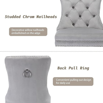 KCC Velvet Dining Chairs Set of 4, Upholstered High-end Tufted Dining Room Chair with Nailhead Back Ring Pull Trim Solid Wood Legs, Nikki Collection Modern Style for Kitchen, Light Grey