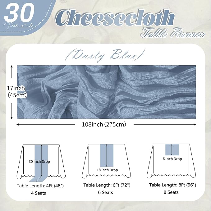 30 Pack Dusty Blue Cheesecloth Table Runner 17 x 108 inch Cheese Cloth Table - Image 2