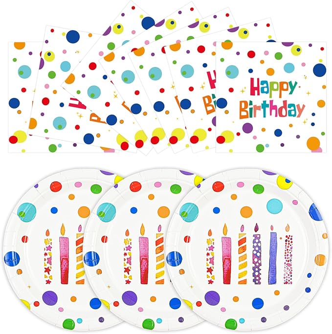 Birthday Plates & Napkins, Colorful Dots, 7 Inch, Disposable Paper Dinnerware by Unknown