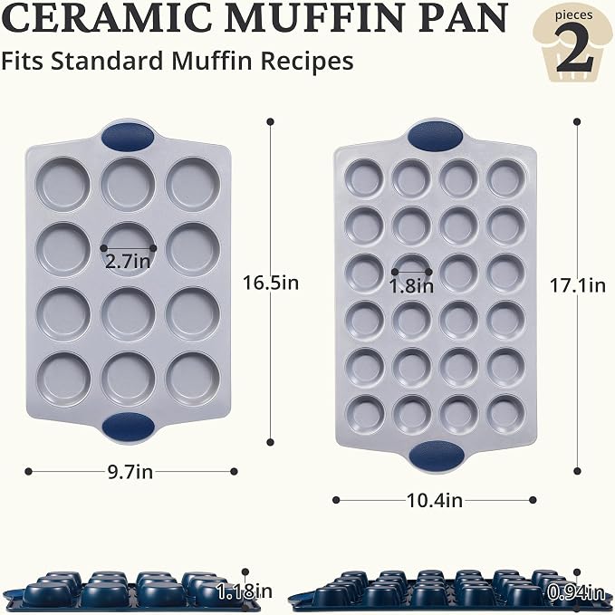 BRONYPRO 2-Pack 12 Cup and Mini 24 Cup Non Toxic Nonstick Ceramic Muffin Pan & - Image 7