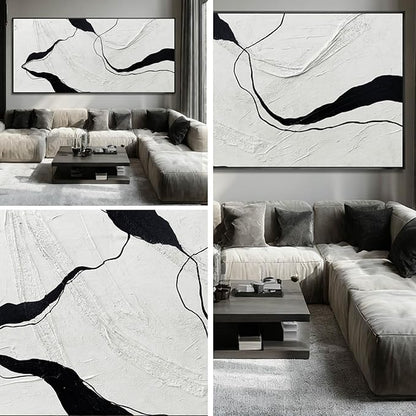 Extra Large Black Line Abstract Hand Painted Canvas Wall Art Gray and Black Minimalist Modern Painting with Framed for Living Room Bedroom Office Wall Decor 40x88 Inch
