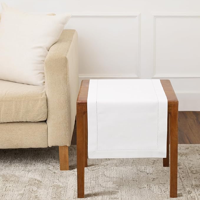 Solino Home Cotton Linen Dining Table Runner White Hemstitch, 14 x 36 in | by SolinoHome