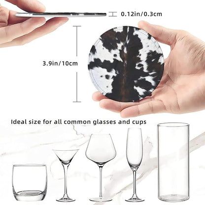 Cow Print Coasters for Drinks with Holder Round Leather Coasters Set of 6 Cups Mugs Mat Pad for Home Kitchen Bar