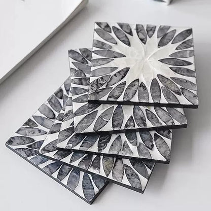 I-lan 6 Pack Mother of Pearl Square Decorative Coaster Set with Holder, Dark Grey Seashell Inlay Square Cup Holder with Shine, Decorative Coasters Capiz Shell Trivet for Coffee Table, 4 Inch