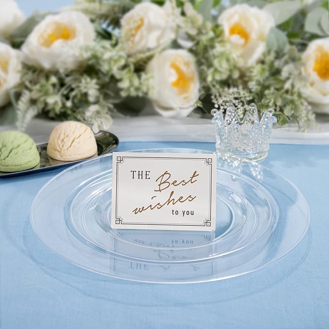 FLOWERCAT 100PCS Clear Plastic Plates - Heavy Duty Clear Disposable Plates for Fall Party/Wedding/Christmas - Include 10inch & 7inch Dinner/Dessert Plates for 50guests