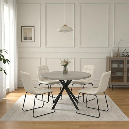 44" Round Dining Table with Cozy Chair Set for 4, Modern Mid-Century Dining Table Set of 4, Dinette Sets with Metal Leg for Kitchen Dining Room Apartment(Gray Table + Beige Chairs)