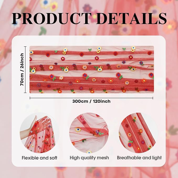 Artoid Mode Red Embroidery Daisy Gauze Table Runner 120 Inch 10FT | Seasonal - Image 7