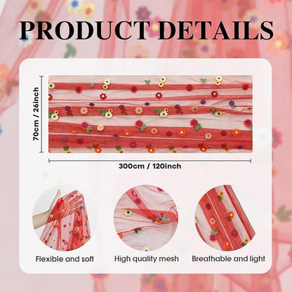 Artoid Mode 3PCS Red Embroidery Daisy Gauze Table Runner 120 Inch 10FT | - Image 7