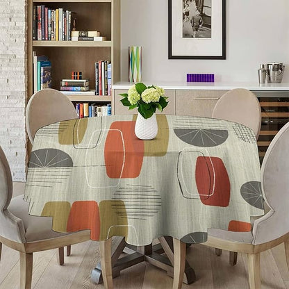 Retro Medieval Bohemian Round Tablecloth, Modern Mid Century Geometric Abstract Print Tablecloth for Home Party Dining Room Kitchen Decor 70Inch(178cm)