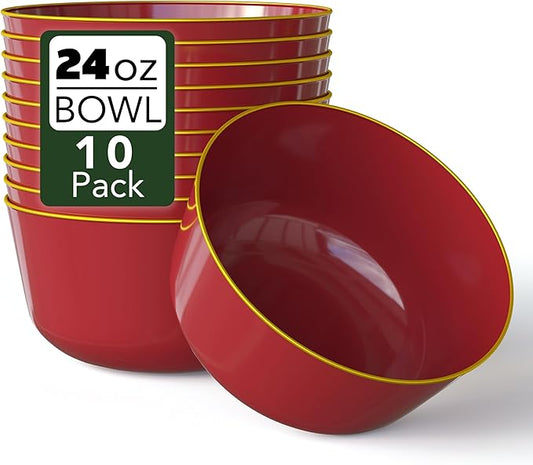 Trendables 24 oz Plastic Bowls Set - Fancy Serving Bowls - Perfect for Ice Cream, Salad, Candy - Disposable (10, Burgundy Gold Rimmed)