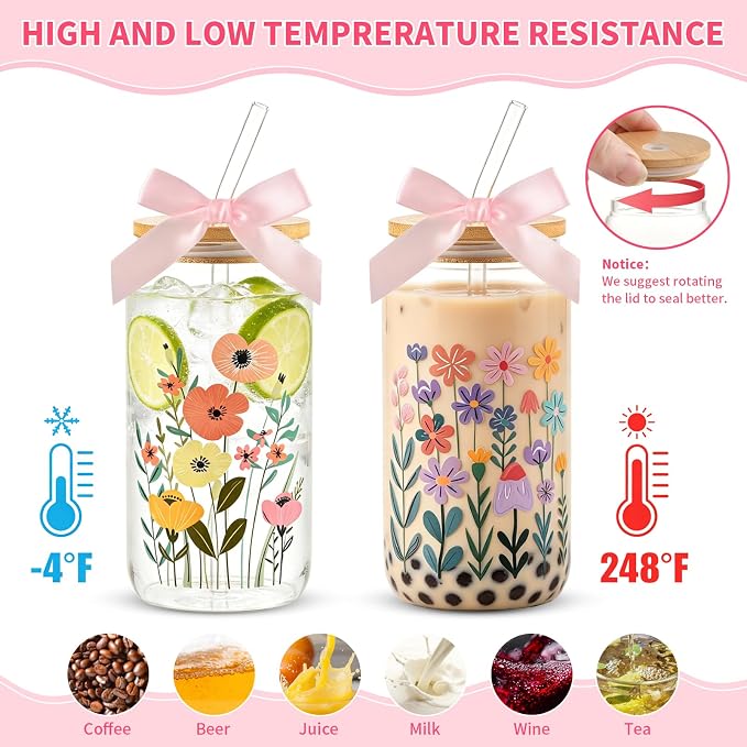 8 Set Floral Glass Cups with Lids and Straws, 16oz Flower Coffee Cup | Gifts - Image 4