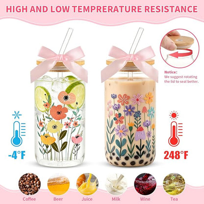 8 Set Floral Glass Cups with Lids and Straws, 16oz Flower Coffee Cup | Gifts - Image 4