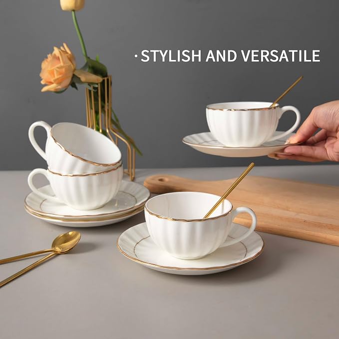 Bone China Tea Cups and Saucers Set – White Luxury Fine Porcelain Mugs - Image 9