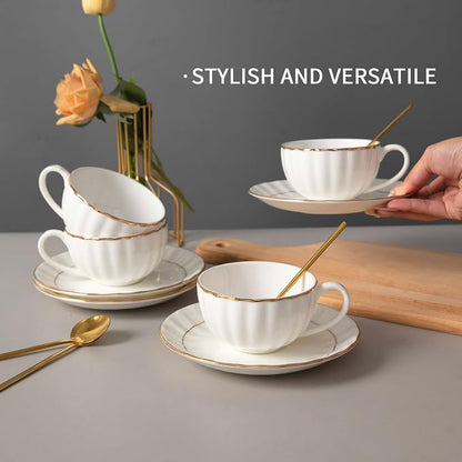 Bone China Tea Cups and Saucers Set – White Luxury Fine Porcelain Mugs - Image 9