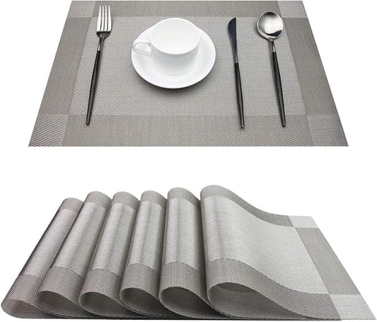 PIGCHCY Place Mats Heat-Resistant Non Slip Table Mats - Easy Wipe Clean Woven Vinyl Placemats for Dining Table Set of 6 (Grey Silver)