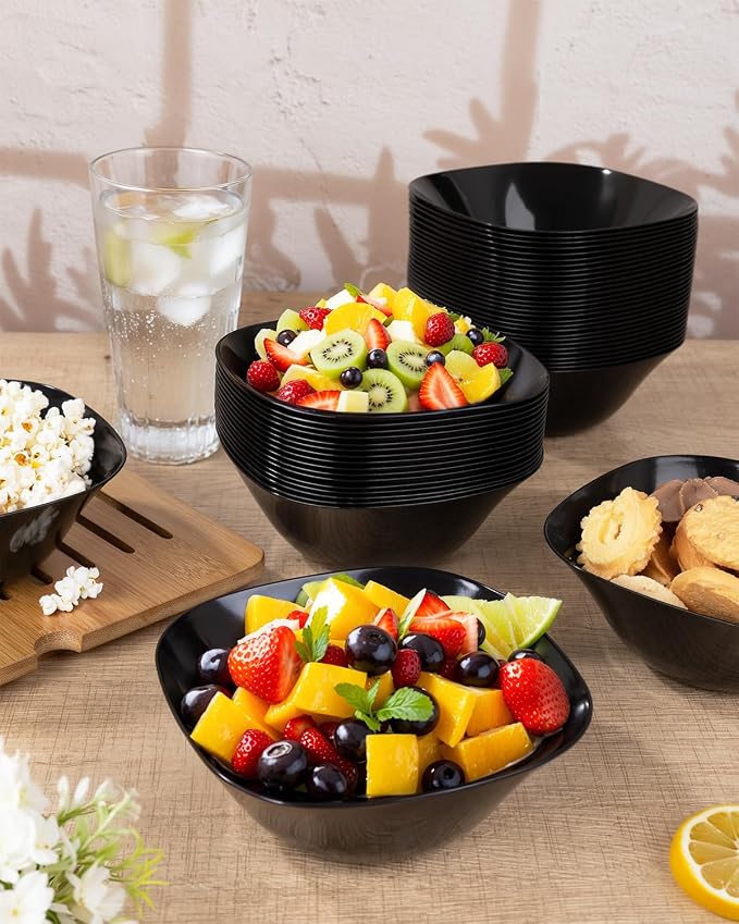 bUCLA 50 Pack Black Plastic Serving Bowls - 16oz Disposable Bowls - Image 3