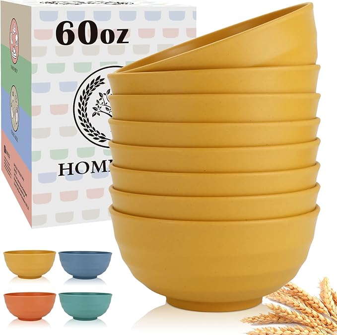 Sunshine Yellow Bowl Set of 8, 60 Oz Large Wheat Straw Bowls, Unbreakable Big by HOMIENLY