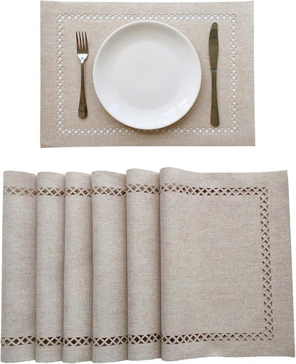 Placemats Set of 6 for Dining Table with Hollow Edge Design- Table Mats 12x 18 Inch, Cloth Place mats Machine Washable (Beige 6pcs)