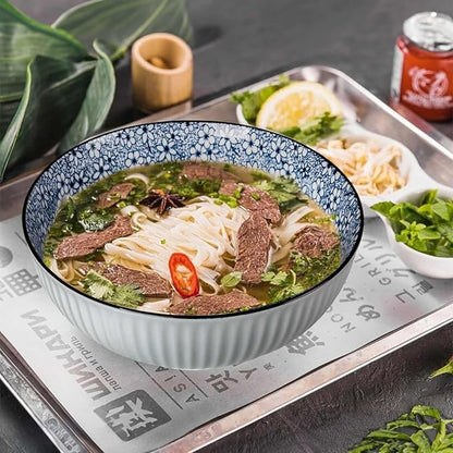 QINLANG Large Soup Bowls, Pho & Ramen Set of 3, 60 oz Blue & White Porcelain - Floral Pattern
