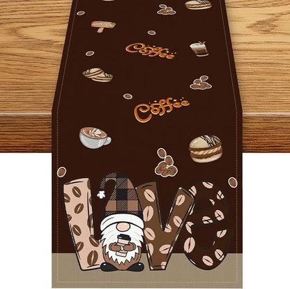 Coffee Theme Table Runner, Rustic Brown Gnome Coffee Theme Bean Cafe Cup Tea by Unknown