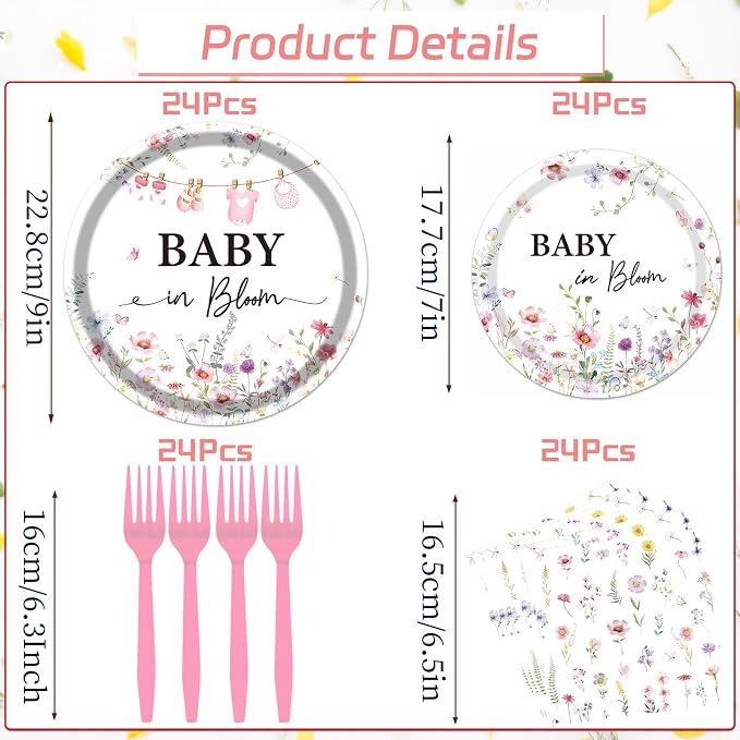 Rakuto Baby in Bloom Baby Shower Decorations Tableware Supplies, Wildflower - Image 2