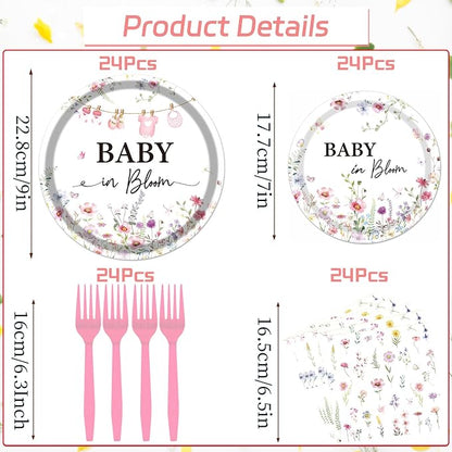 Rakuto Baby in Bloom Baby Shower Decorations Tableware Supplies, Wildflower - Image 2