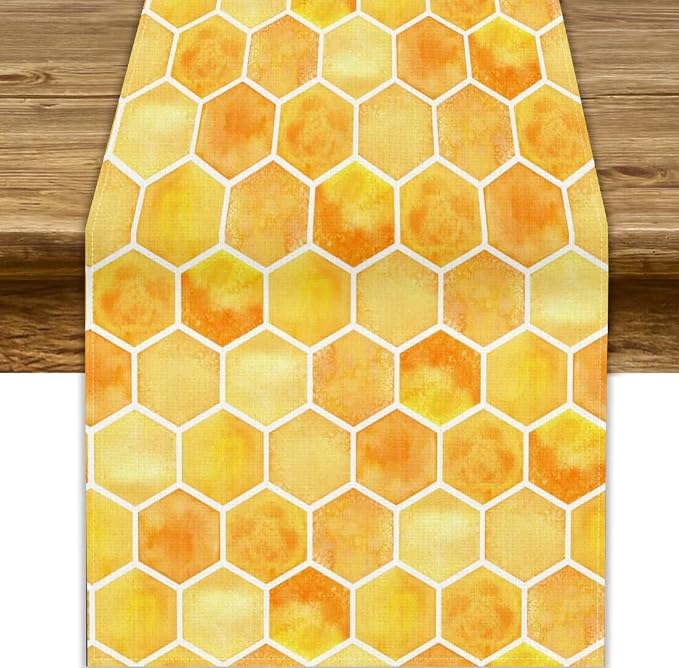 Honeycomb Bee Table Runner, Cute Abstract Geometric Yellow Honeycombs Print by JanJCurt