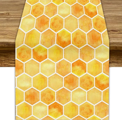 Honeycomb Bee Table Runner, Cute Abstract Geometric Yellow Honeycombs Print by JanJCurt