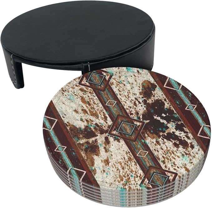 6 Pcs Cowhide Print Western Leather Coasters - Image 3
