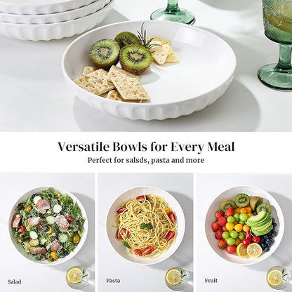 DOWAN Pasta Bowls, 10" Large Salad Serving Bowls 51 OZ White Ceramic Soup Bowls Set of 4 Wide and Shallow Plate Bowl Serving Dish for Soup, Pasta, Noodle, Dinner, Microwave & Dishwasher Safe
