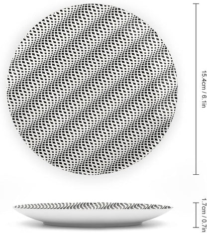 Decorative Plates, Abstract Print Ornament, Wavy Rhombus Abstract Modern Monochrome Decor, 10 Inch, 1 Plate with 1 Display Stand, Black White