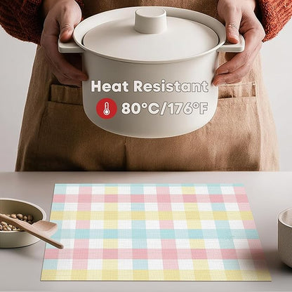 Artoid Mode Buffalo Plaid Vinyl Placemats Set of 4, 12x18 Inch Washable Non-Slip Heat Resistant Plastic Place Mats for Party Dining Table, Pink/Blue
