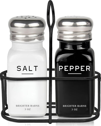 Farmhouse Salt and Pepper Shakers Set with Holder by Brighter Barns - Modern Kitchen Decor and Accessories, Dining Table Decor - Cute Glass Salt Shaker with Caddy for Restaurants, Gifts (Black/White)