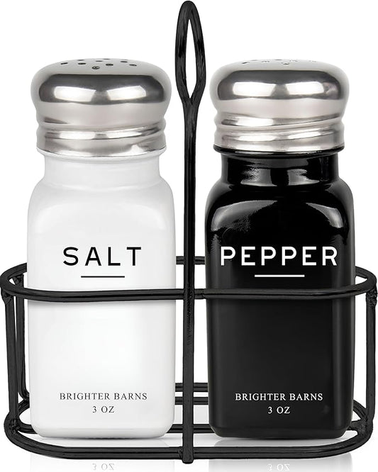 Farmhouse Salt and Pepper Shakers Set with Holder by Brighter Barns - Modern Kitchen Decor and Accessories, Dining Table Decor - Cute Glass Salt Shaker with Caddy for Restaurants, Gifts (Black/White)