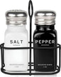 Farmhouse Salt and Pepper Shakers Set with Holder by Brighter Barns - Modern Kitchen Decor and Accessories, Dining Table Decor - Cute Glass Salt Shaker with Caddy for Restaurants, Gifts (Black/White)