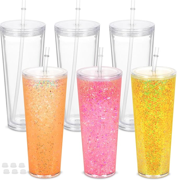 6 Pack 24Oz Snow Globe Tumblers, Double Wall Acrylic Snowglobe Cup by Micellwuu