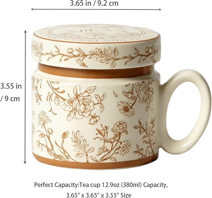 12.9oz Ceramic Coffee Mug with Lid, Flower Patterned Porcelain Mug, Ceramic Tea - Image 2
