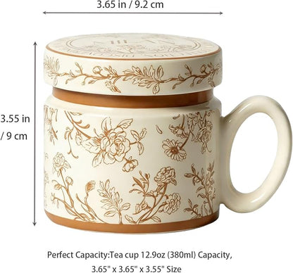 12.9oz Ceramic Coffee Mug with Lid, Flower Patterned Porcelain Mug, Ceramic Tea - Image 2
