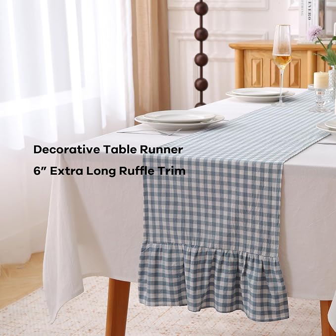 Dust Blue White Plaid Gingham Ruffle Table Runner 72 inches Long 100% Washed - Image 3