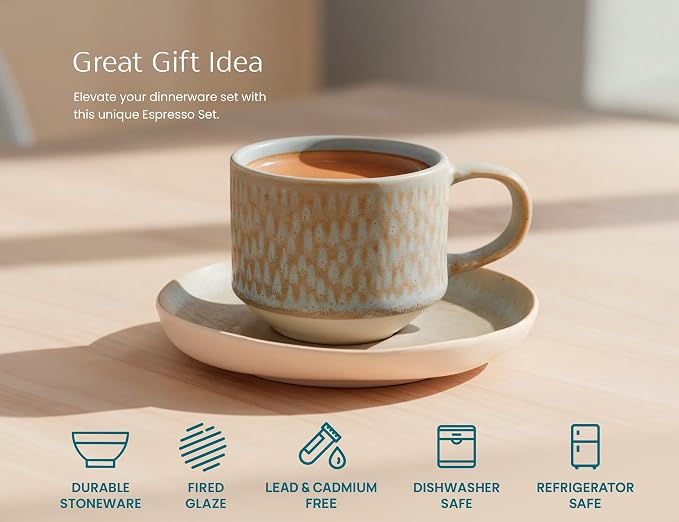 KooK Espresso Mug and Saucer Set, Ceramic Cups and Plates - Image 6