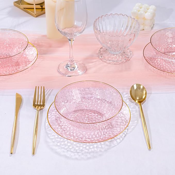 50 Pack 12 Ounce Pink Plastic Bowls Serving Bowls Hammered Clear Bowl - Image 2