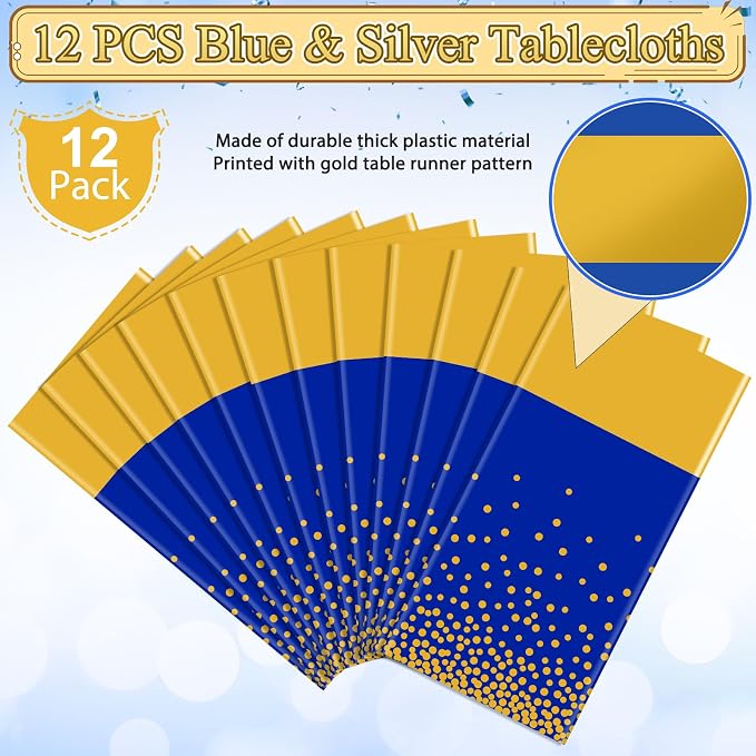 12Pcs Blue Gold Tablecloth Party Decorations, Plastic Royal Blue Table Cloth - Image 4