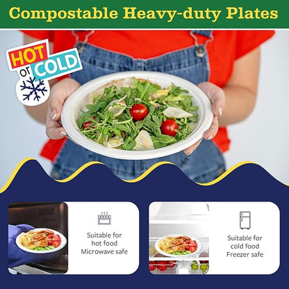 7” Compostable Plates, 125-Pack | Biodegradable Sugarcane | Sturdy, Microwave-Safe Disposable Plates for Parties & Events