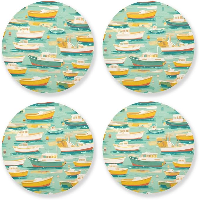 White and Yellow Boats in Green Lake Pattern Absorbent Coaster by KLL