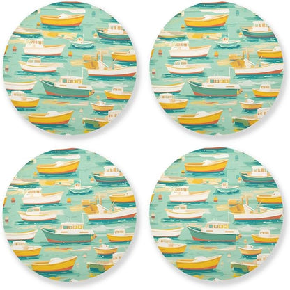 White and Yellow Boats in Green Lake Pattern Absorbent Coaster by KLL