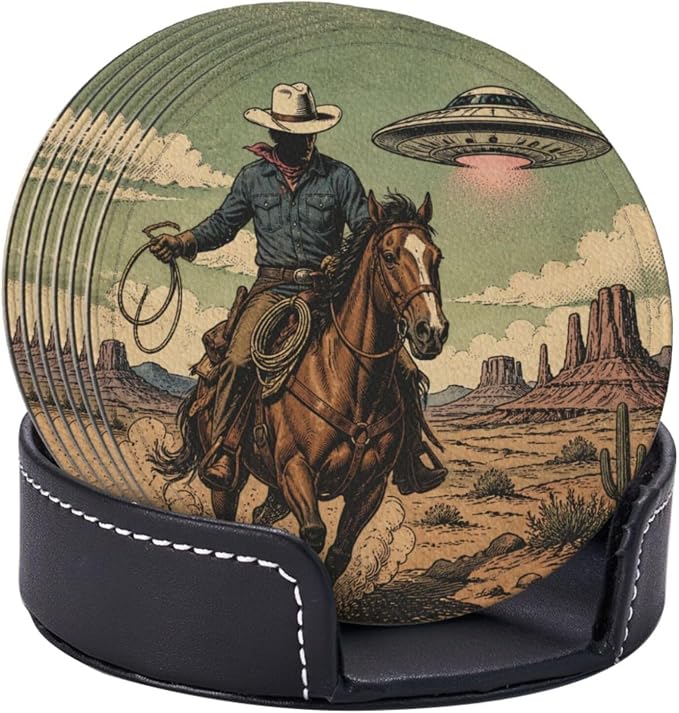 Retro UFO Western Cowboy Leather Coasters Set of 6 - Image 2