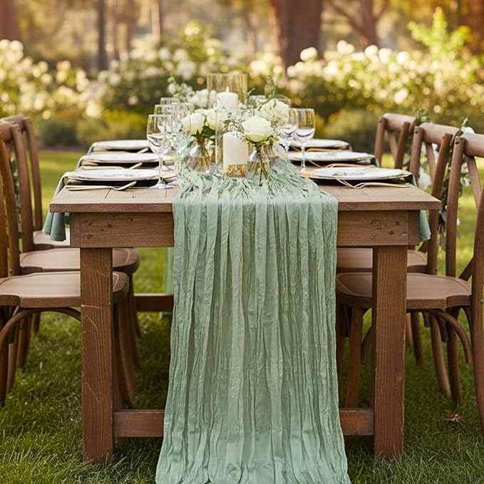 8 Pack Sage Green Cheesecloth Table Runner 120 Inch Boho Wedding Decor | - Image 7