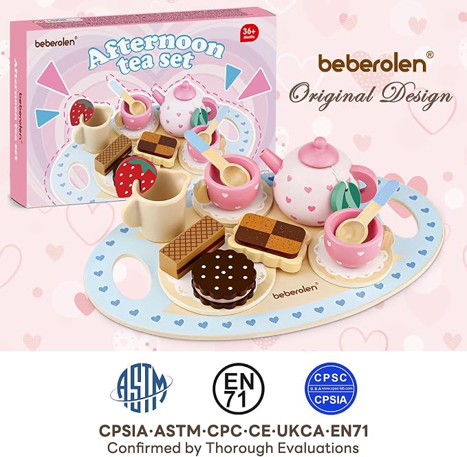 Wooden Tea Set for Little Girls Birthday Gift 3 4 5 Year Old Princess Toys | - Image 9