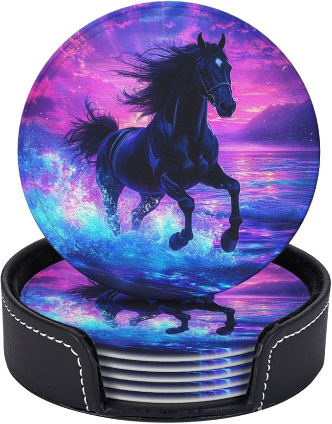Horse Coasters for Drinks Set of 6, Round Leather Coaster by Unknown