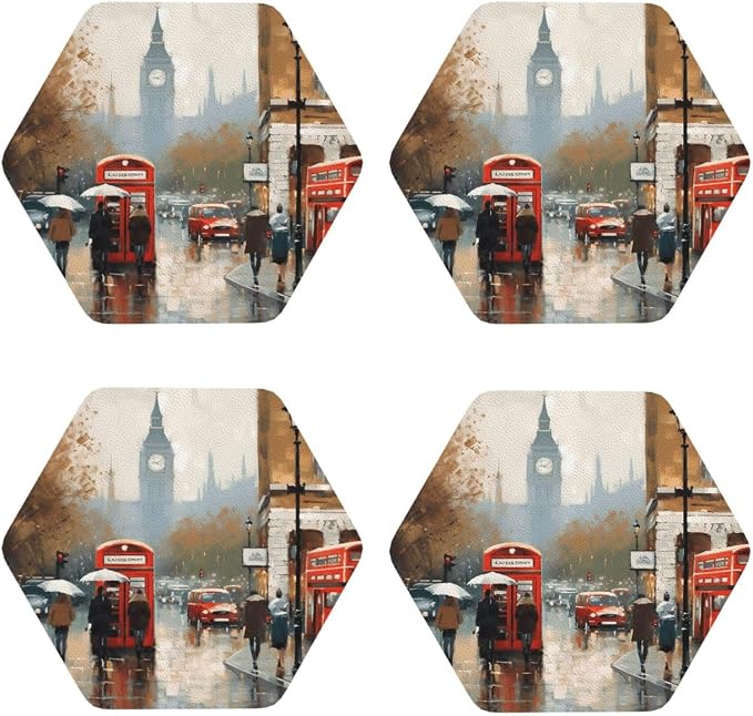 4Pcs Leather Coaster for Drinks London Impression Cup Coasters Aesthetic Drink by WSOIHFEC